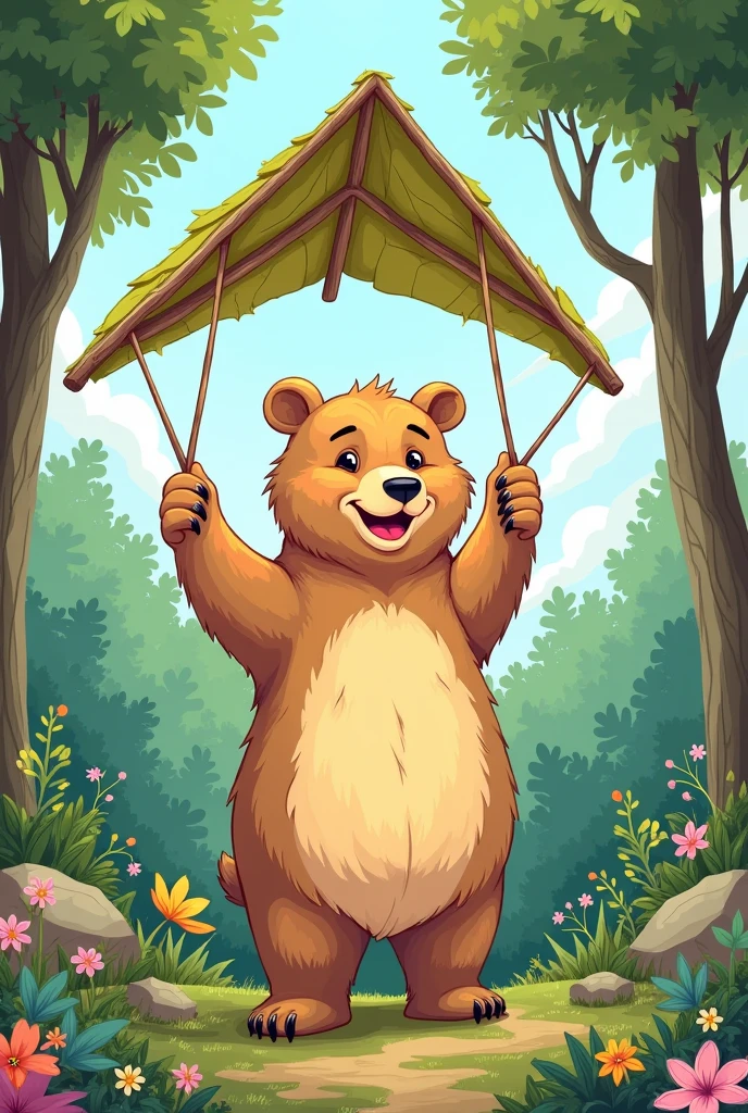 An outline image of a happy bear in a forest, holding a hang glider made of leaves and branches above its head. The bear is smiling, standing on two legs, surrounded by trees and plants, ready to be colored in. The scene is detailed, with various elements of nature like flowers, rocks, and clouds, but the focus is on the bear holding the hang glider, which is crafted from natural materials like leaves and branches