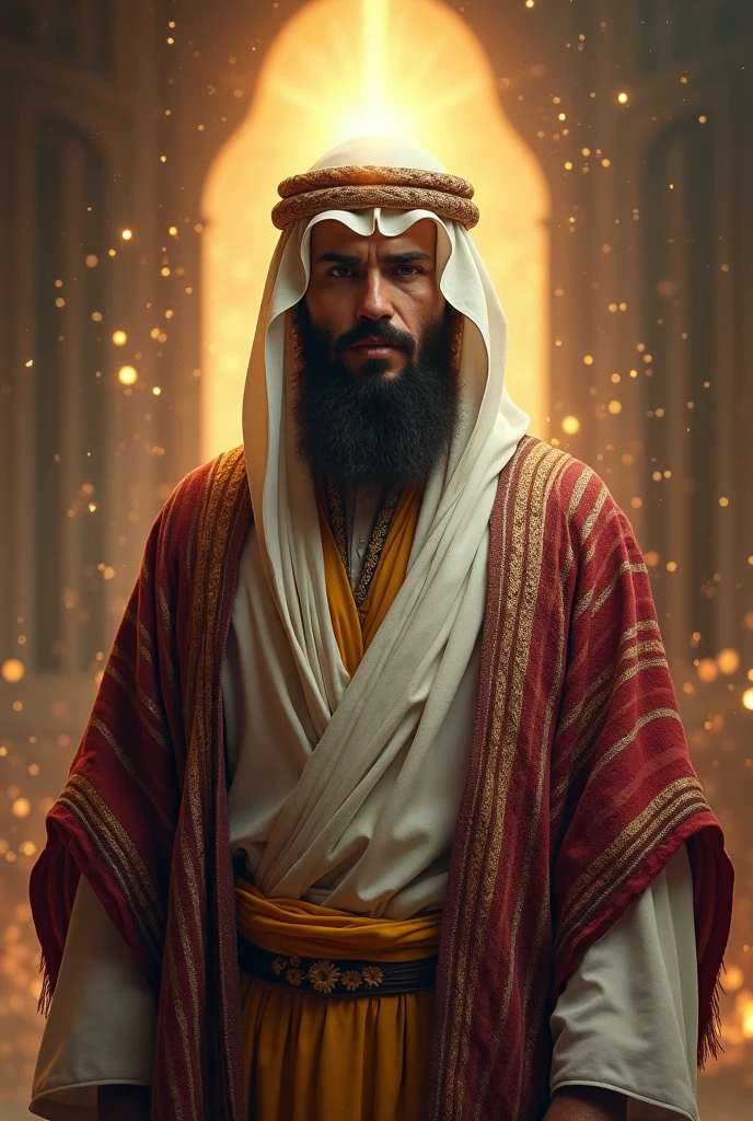 A muslim wearing a white woolen cloak and had wrapped around his shoulders red striped shawls of Qatari origin. He wore a headgear of fine cloth. wearing a yellow loincloth and was covering his shoulders with a flowery black shawl, lighten face, shinning face, hidden face, taming lions, cool