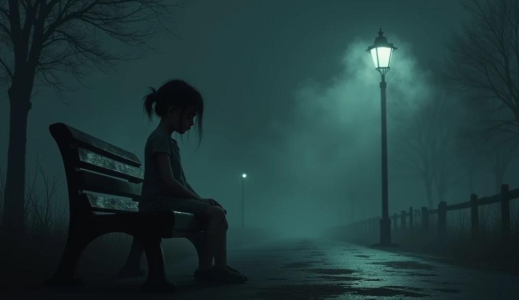 A ghostly girl sitting on a bench, under the dim, flickering light of a lamppost on a deserted road. His face barely visible, with the shadow of a melancholic smile. atmosphere of fear and terror