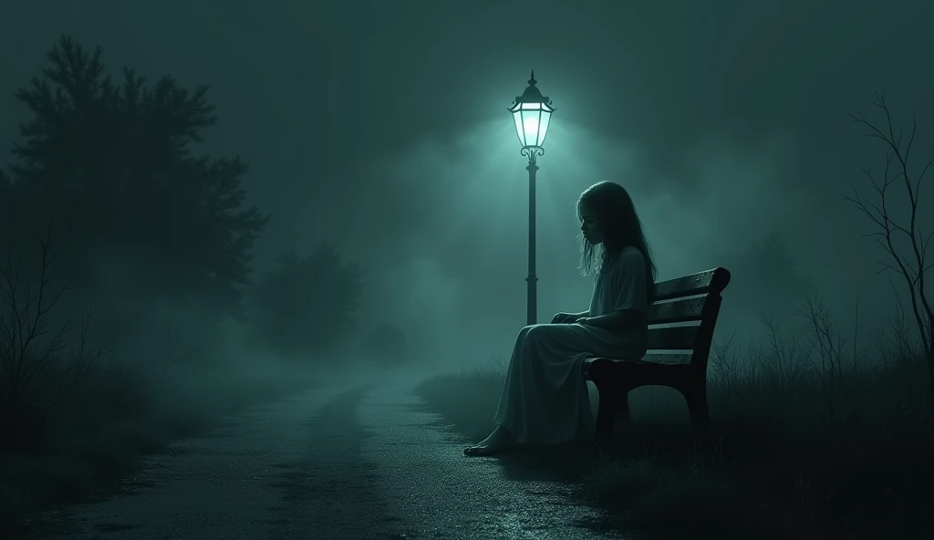 A ghostly girl sitting on a bench, under the dim, flickering light of a lamppost on a deserted road. His face barely visible, with the shadow of a melancholic smile. atmosphere of fear and terror