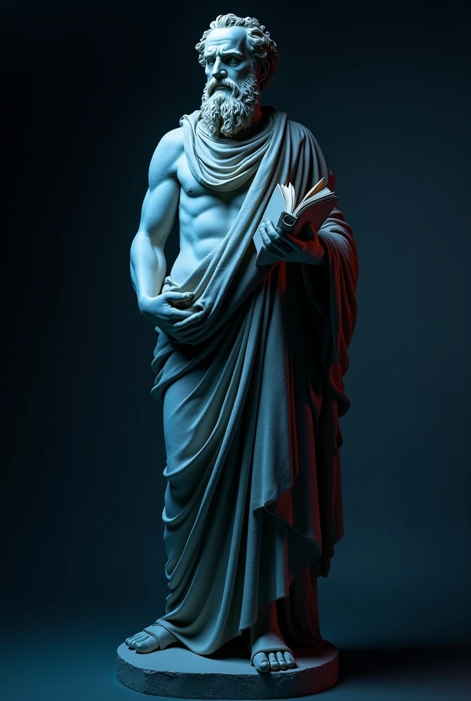 Statue of a Greek philosopher. with book in hand. Maximum quality, 8k, realistic. Dark neutral background, neon blue and black.
