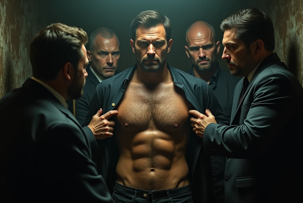 A group of gangsters kidnapped a handsome mature male policeman, stripped off his clothes and touched his body parts. Chest muscles! Chest hair! Film texture