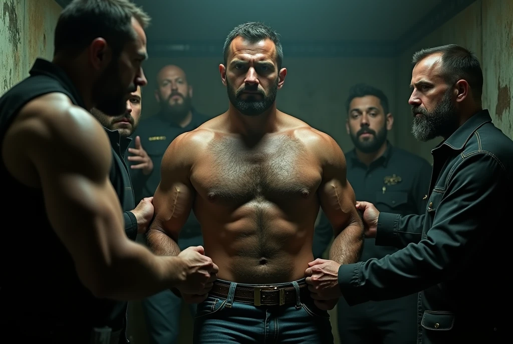 A group of gangsters kidnapped a handsome mature male policeman, stripped off his clothes and touched his body parts. Chest muscles! Chest hair! Film texture