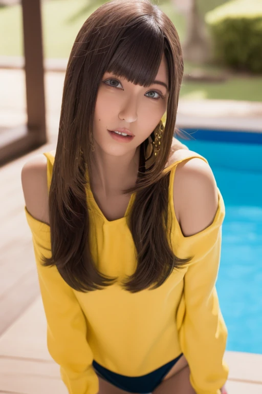 1girl, beautiful woman, yellow onepiece swimsuit, skinny, perfect body, defined abs, gold hair, standing in daytime pool room,  ultra-detailed face, beautiful eyes, beautiful lips, double eyelids, shy smile, trimmed bangs, sun-kissed skin, hint of pubic hair, (best quality, 8k, masterpiece:1.3), frontal and full-body shot, pussy line, front facing, open legs pubic hair