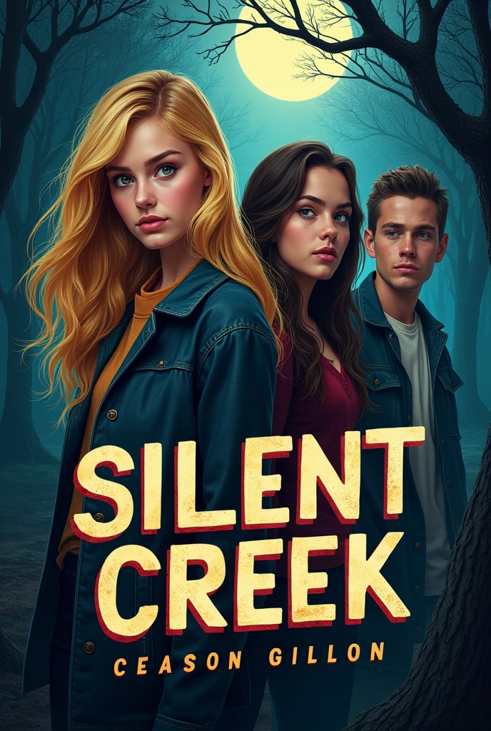 Cover for a teenage mystery book with two girls and two boys as protagonists, one of the girls blonde and one of the boys Jughead style. title of the book Silent Creek. Do something Riverdale style. There must be two teenage girls and two teenage boobs on the cover and title.