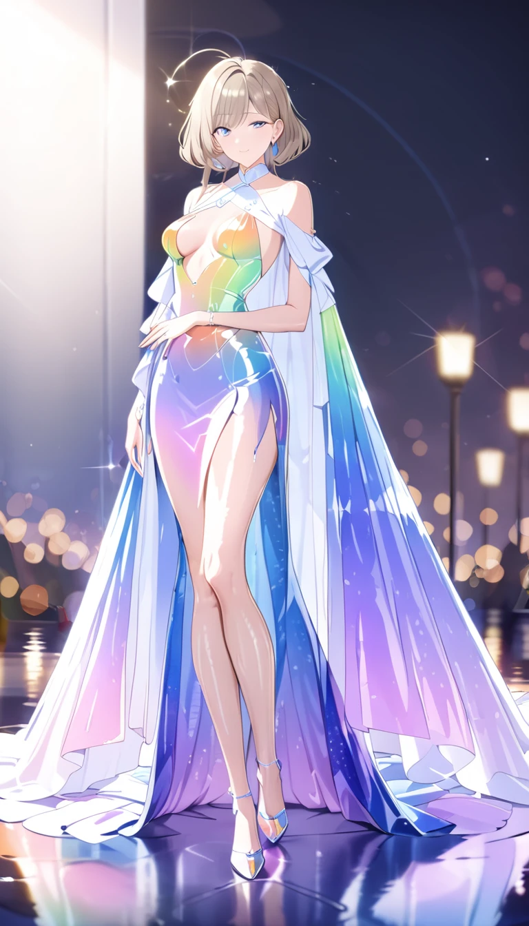  ((high detail, high quality, best picture, Masterpiece, 8k, delicate and dynamic depiction)),full body standing, sexy pose, beautiful woman in her 20s with medium breasts, she is wearing a Gorgeous and voluminous dress made of lots of fabric, Luminous design, shiny glossy iridescent clothes, shiny glossy gradient iridescent clothes, shiny reflective clothes, pastel colors, ink drops, morning lights, Bokeh, Pale, soft gradient