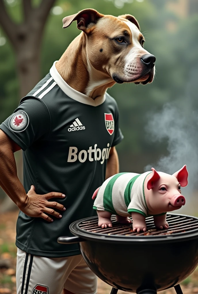 Pitbull dog with a black and white Botafogo team shirt, with his paws on his waist and in front of him a barbecue with a pig sitting on top, with the Palmeiras team shirt, white and green, crying