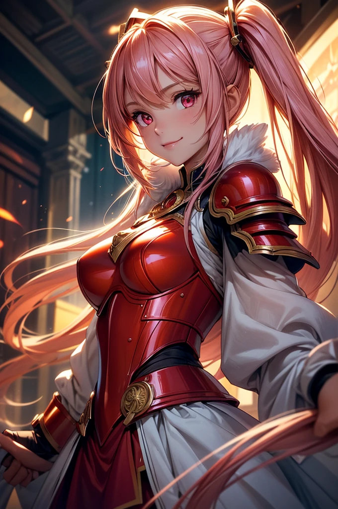((best quality, ultra-detailed, high resolution, extremely detailed CG, super detailed, direct light, Most beautiful clean lighting)), 1 girl, beautiful girl, cute girl and idol face, young face, smile, Beautiful long pink hair, twintails, Beautiful shining red eyes, white skin, slender, Short body, Fantasy worlds, worlds of fire, scarlet armour, flames, blades of fire,