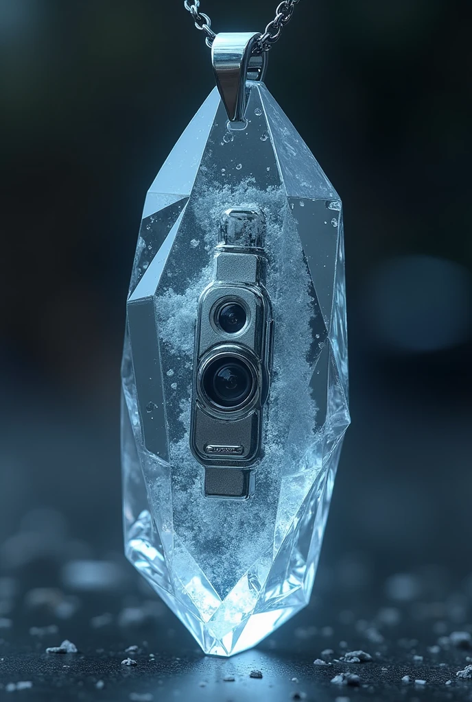 Make a 3D model of a crystal pendent in which there is a camera, behind it a bettry, behind the batery a gps and after that a manual wireless charging point.