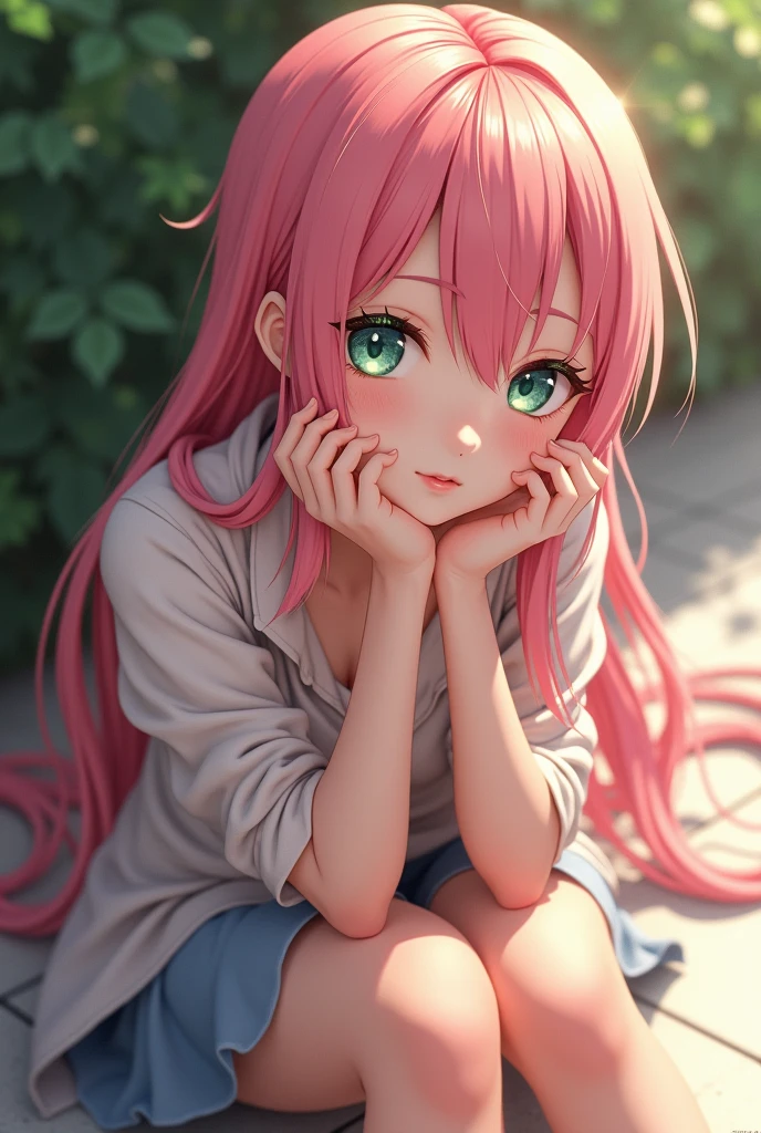 anime girl with pink hair and green eyes sitting on the ground, photorealistic anime girl render, detailed portrait of anime girl, detailed digital anime art, stunning anime face portrait, realistic anime artstyle, close up of a young anime girl, photorealistic anime, seductive anime girl, beautiful anime portrait, beautiful anime girl, beautiful anime face, smooth anime cg art