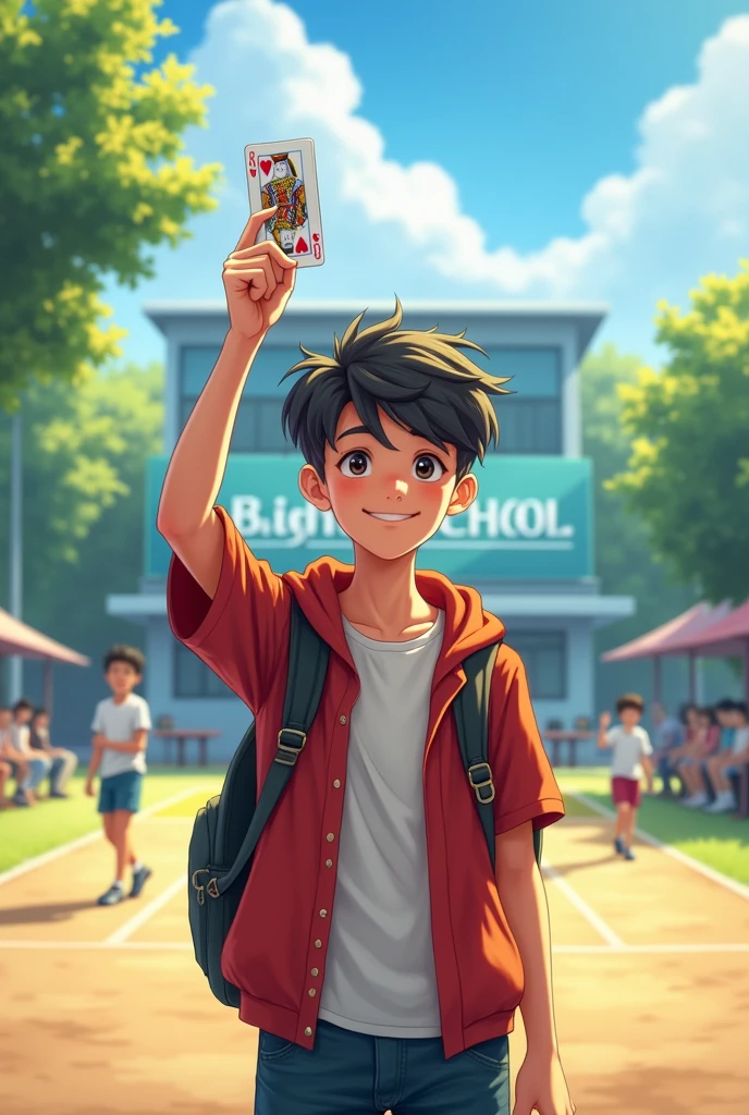 A boy of class Ten Raise his hands with a play card in field That Written 'Bright School'
