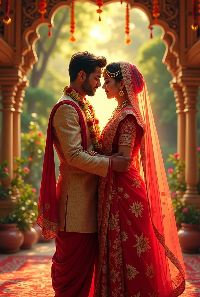 Brown skin bride, ware Red banarasi saree, with husband