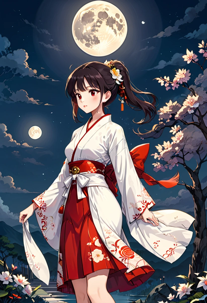 Cartoons of the 90s, One person, alone, dress, full moon, In the same way, In the same way skirt, kimono, moon, moonlight, Outdoor, red In the same way, skirt, (masterpiece, Highest quality, Professional, Perfect composition, so beautiful, Absurd, Very detailed, Intricate details:1.3)