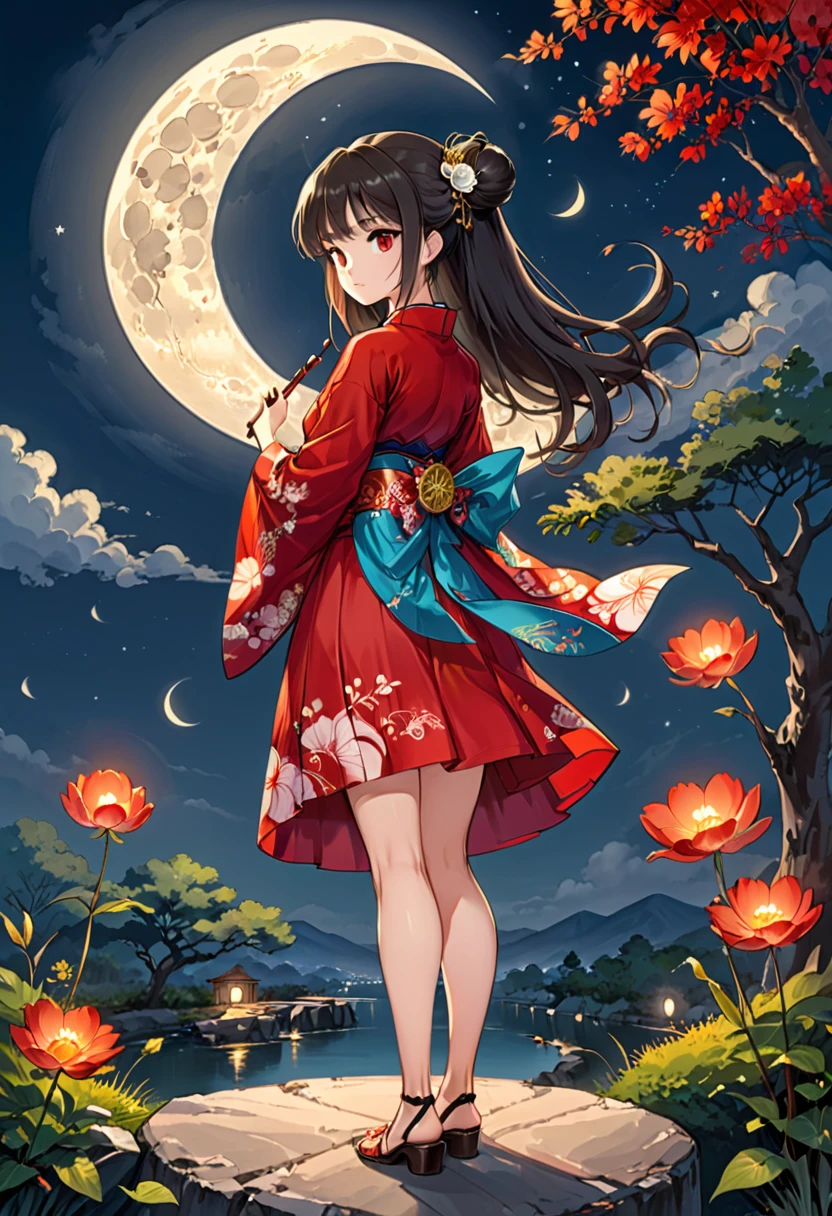 Cartoons of the 90s, One person, alone, dress, full moon, In the same way, In the same way skirt, kimono, moon, moonlight, Outdoor, red In the same way, skirt, (masterpiece, Highest quality, Professional, Perfect composition, so beautiful, Absurd, Very detailed, Intricate details:1.3)