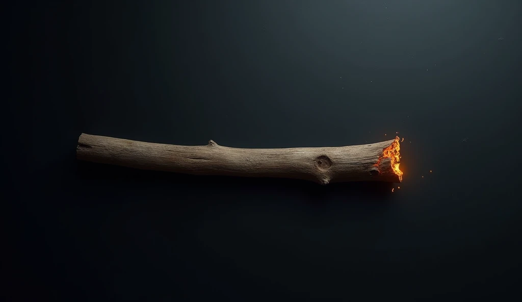 Create an image of a single unburnt wooden stick lying on a dark, shadowy background. The stick is natural, with a rough texture, showing small knots and imperfections. The wood's grain is slightly visible, and the stick's surface is mostly smooth but not polished. The background is a deep, nearly black shade, with subtle hints of light highlighting the contours of the stick, giving it a slightly eerie yet calm atmosphere. The focus is on the stick, with minimal distractions in the surrounding darkness. top view, and the tip of that stick seems like burnt.