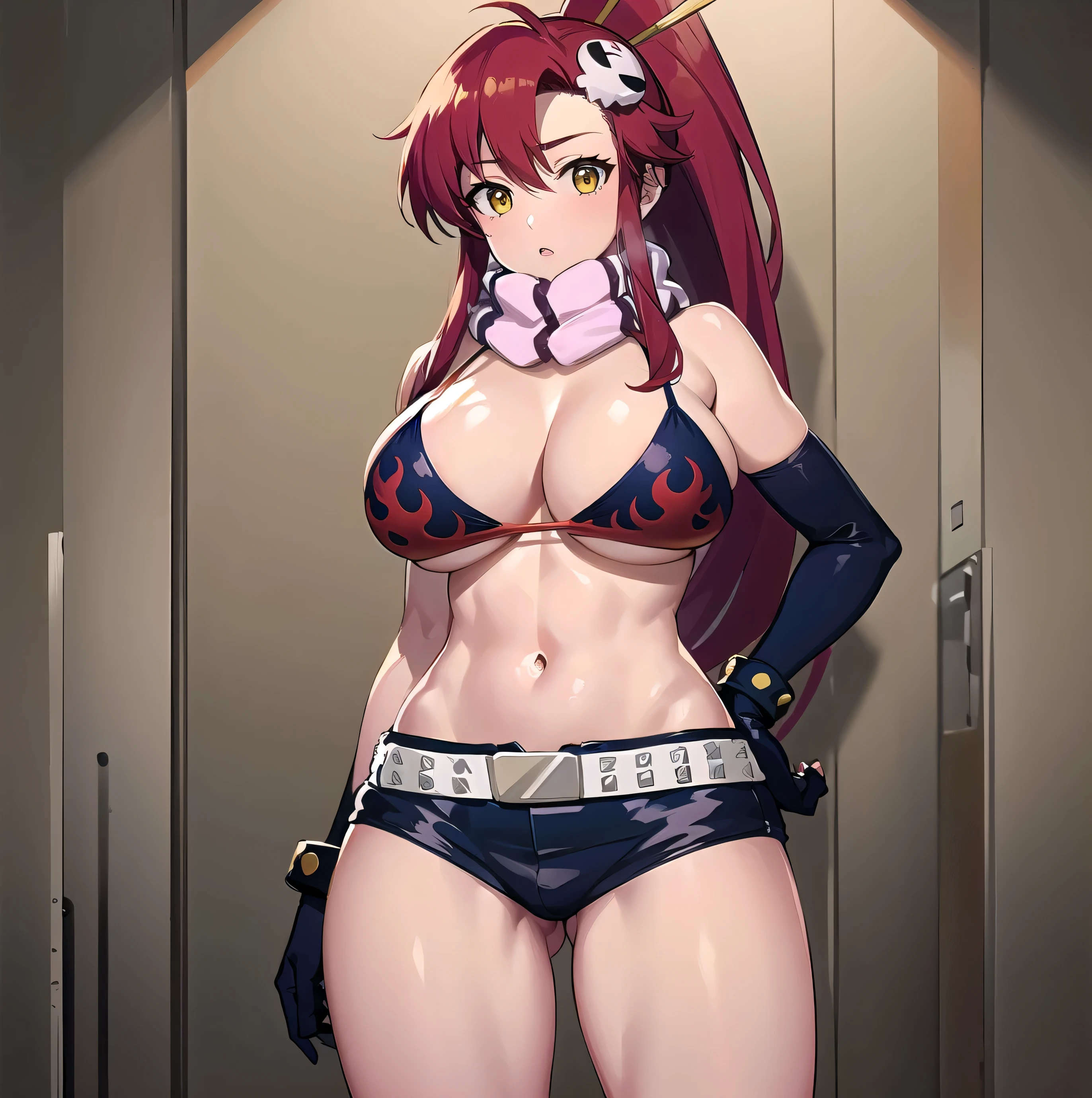 one person、cool、sexly、solo、black bikini top、Big Breasts、cleavage、had large breasts、Bare shoulders、Black gloves、in a triangle bikini top、Flame print、hair ornaments、Long Hair、Red hair、ponytail、scarf、Shorts、bikini top with an black、Expressionless、Lips parted、Yellow Eyes(zeroの目)、Yoko Ritenour、Yokori、Highest quality、masterpiece、zero、Weak、Are standing、looking at viewer、Cowboy Shot、Female focus、
