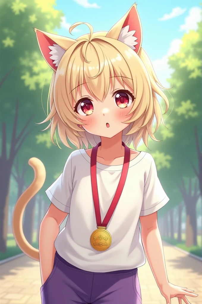 anime style draw. A Child, with whitish yellow hair, with cat ears of the same color, in white clothes, red eye pupils, Purple pants, with a gold medal around his neck, with a realistic daytime background.