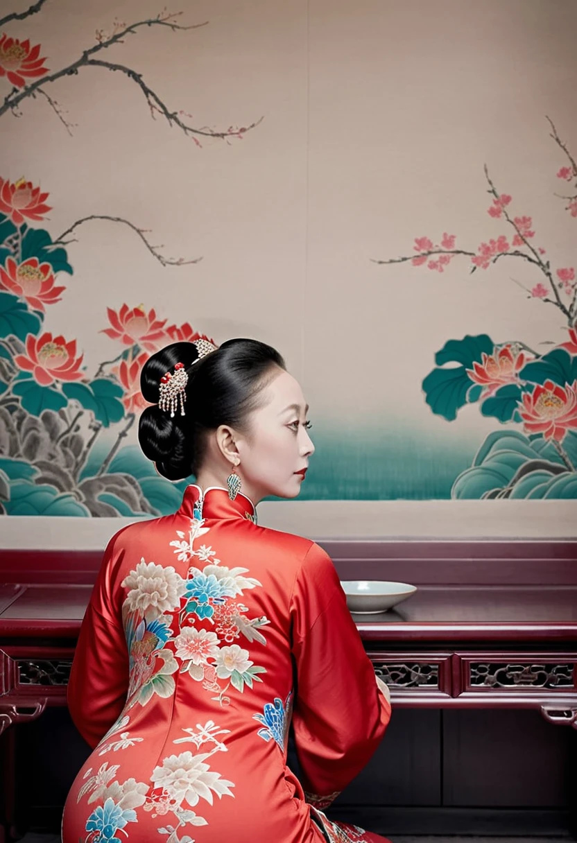 The empress dowager of the Qing Dynasty wears a red floral dress, Completely naked, Her profile is displayed、The butt is sticking out, Posing in the opulent palace of the Qing Dynasty Empress Dowager.