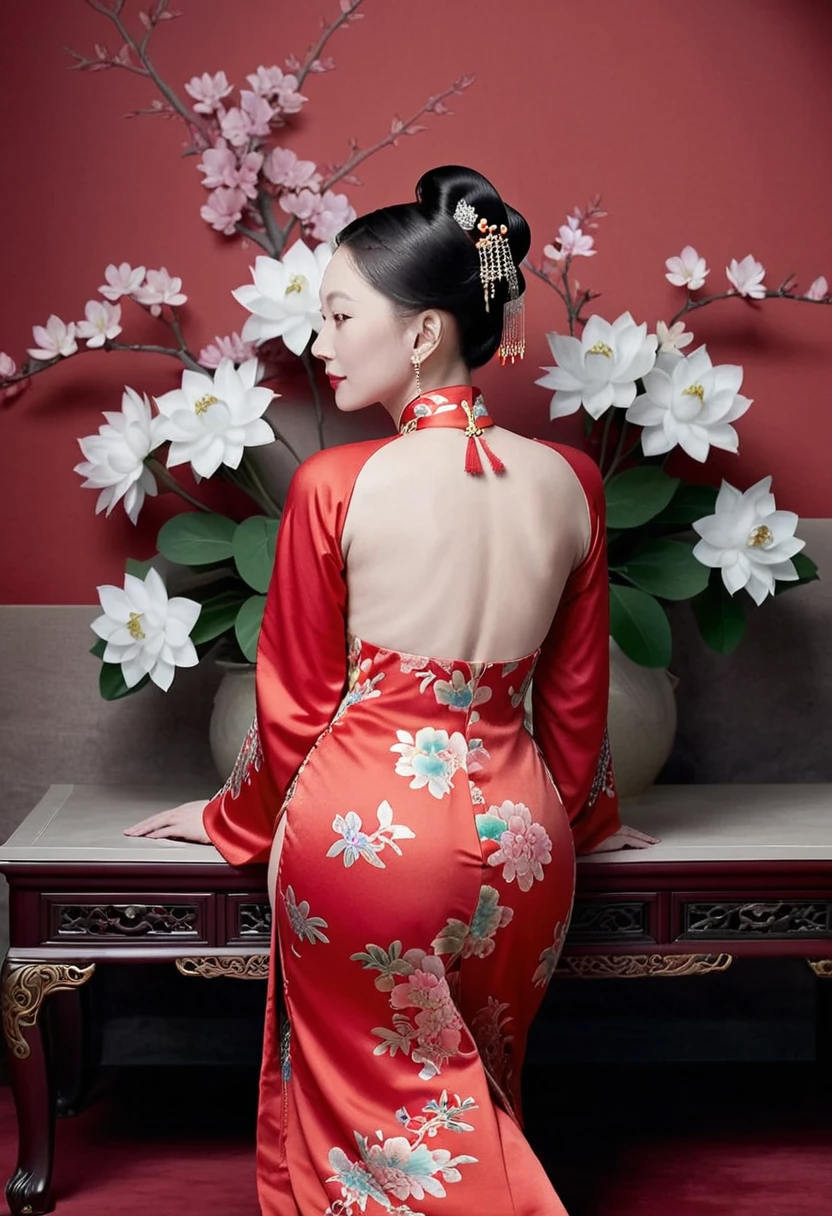 The empress dowager of the Qing Dynasty wears a red floral dress, Completely naked, Her profile is displayed、The butt is sticking out, Posing in the opulent palace of the Qing Dynasty Empress Dowager.