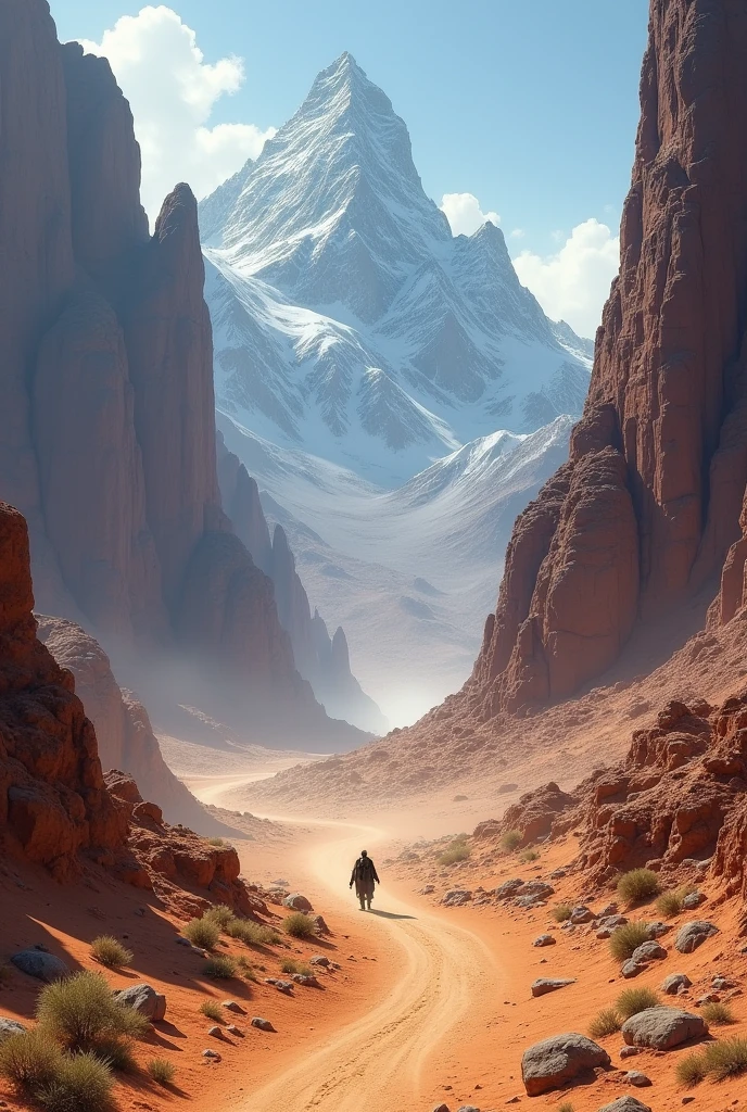 A path between two immense mountains in the desert 
