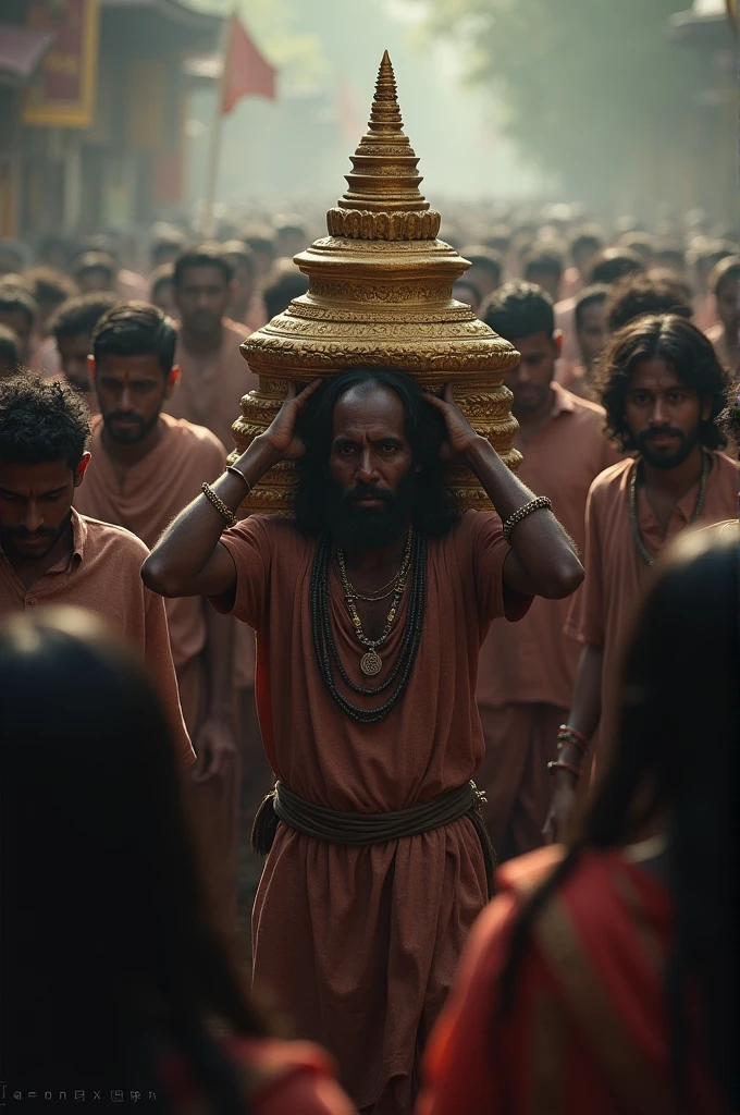 A person in a group carrying Shivalinga on his shoulder