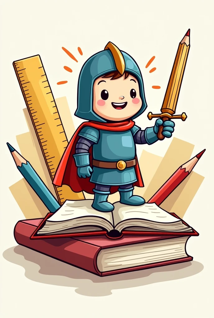 A round-shaped logo that is a cartoon and that has a knight holding a pencil as a sword and is standing on top of a book in a smiling manner with utensils such as pencils in the background., rulers and sheets of paper