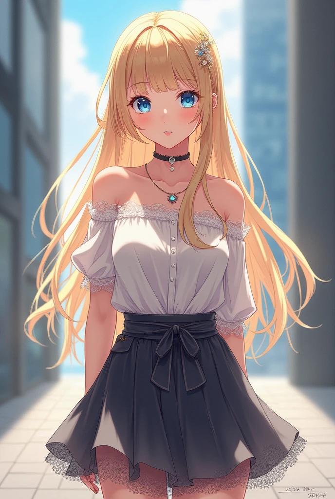 masterpiece++, best quality++, beautiful+, anime style,1person,full body image, lacey skirt, leather belt, off shoulder dress shirt, beautiful blue eyes++, long straight blonde hair, necklace, modern style