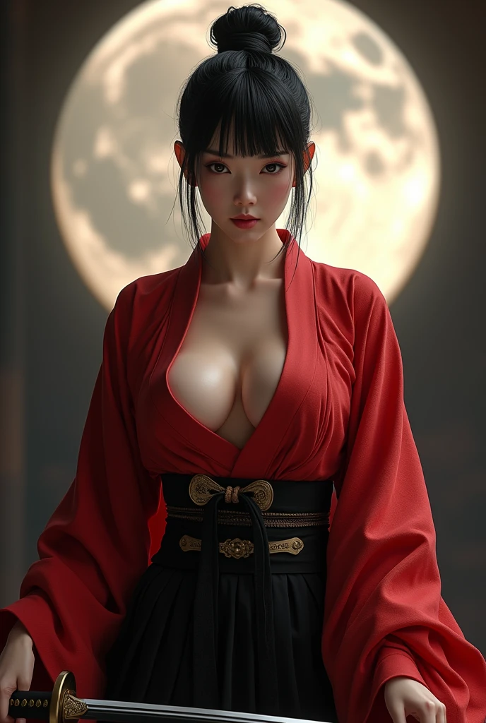 Samurai girl, short black hair tied back, wearing Japanese red kimono broken kimono, kimono downunder her big boobs, full breasts out of the kimono, big breasts out of the kimono, boobs out of the clothes, seuns nus, naked breasts Seductive look, big breasts out, sexy, and black hakama, two Japanese swords across her waist, ((masterpiece, highest quality, Highest image quality, High resolution, photorealistic, Raw photo, 8K)), ((Extremely detailed CG unified 8k wallpaper)), (huge stunning goddess shot, very hot and sexy, jaw-dropping beauty, perfect proportions, beautiful body, slim body beauty:1.4), on moonlight, inside old dojo, nipples out, natural view