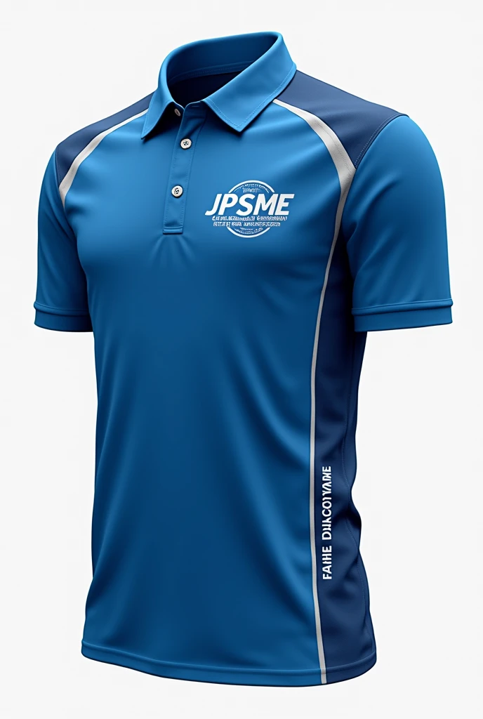 Make me a design of a poloshirt for mechanical engineering students with blue theme, right a caption at the back JUNIOR PHILIPPINE SOCEITY OF MECHANICAK ENGINEERS CAPITOL UNIVERSITY, put a family name as well and place it in a right place of the polo shirt, show the front, back and the sides