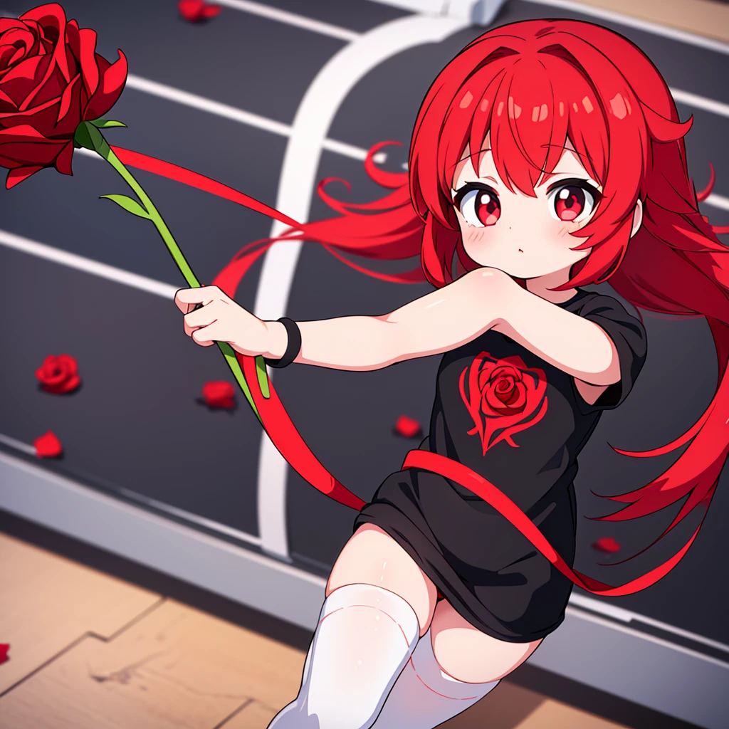 ((8k)) ((ultra HD)) (()) 1girl, red hair (red loosened (adorned with a red rose)), black t-shirt, white tights (white (nylon)), small ((small girl (litt