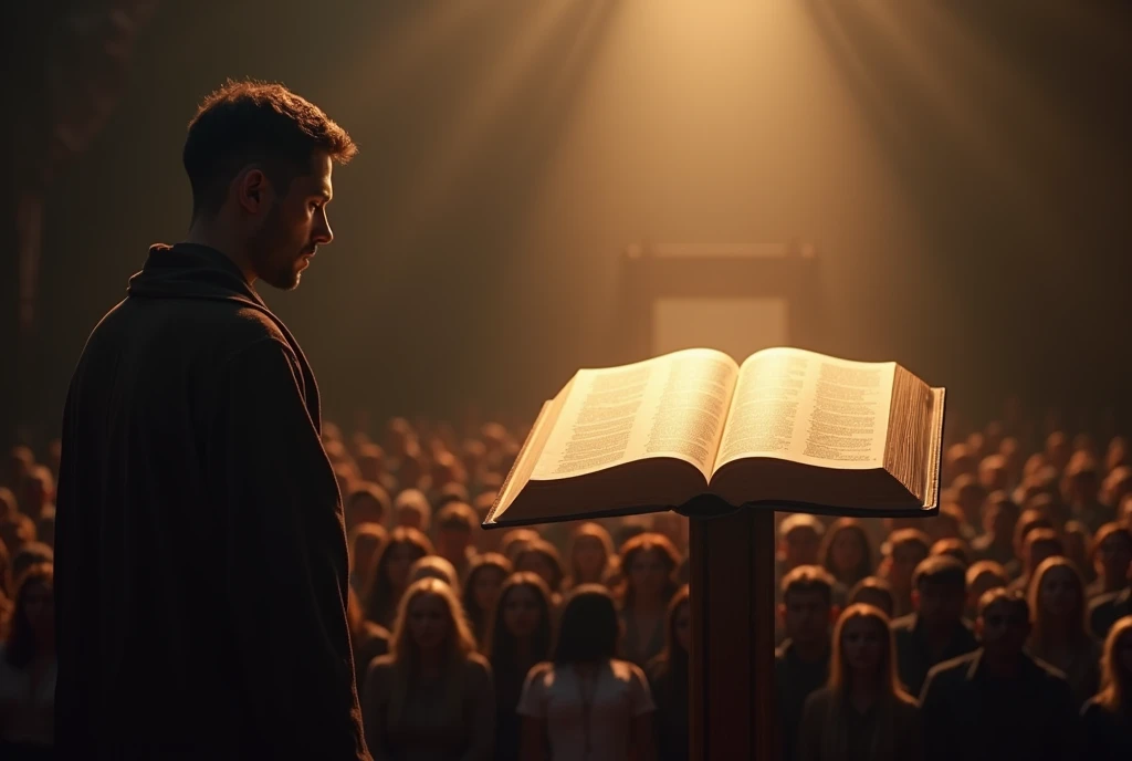 Create an image of an open Bible preaching to many people, symbolizing the search for truth. A Man is Reflecting on the Side of the Bible, Demonstrating Introspection about the Faith. best quality, master part, High, 1 dragon,blush, Tyndall effect,Photorealistic, dark studio, rim lighting, two-tone lighting,(highly detailed skin:1.2), 8k hd, DSLR, soft lighting, high quality, volumetric lighting, candid, photography, High resolution, 4K, Bokeh