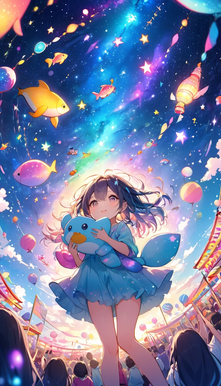 Immerse yourself in the enchanting world of a festival night, a captivating girl under a starry sky, holding a playful chibi plush toy, the fisheye lens capturing the expansive beauty of the cosmos, a sense of whimsy and excitement in the air, Illustration, digital art, vibrant and pastel colors for a dreamy aesthetic