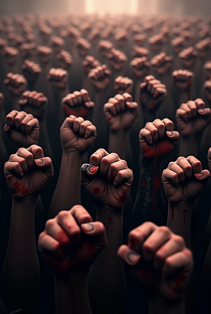 The mass movement is simply the image of many people's hands clenched into black bloody fists