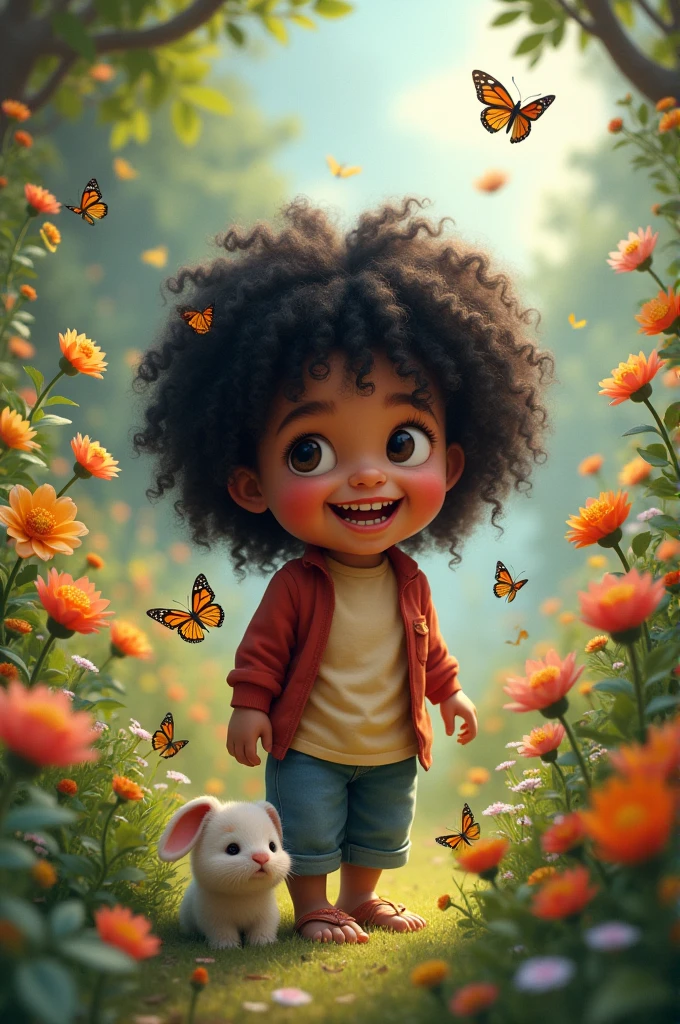 A ten year old, kinda chubby, blackquality hair, curly and braided, small chin, small eyes, Wear braces on your teeth, is in a very flowery garden with little animals 