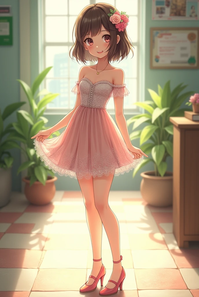 Lace，Ultra high quality，High heel，Long legs，Smile，Sunlight，Off-shoulder，Short skirt，full-body shot，Wear flowers on your head，student，charming，Ribbon，School Belle