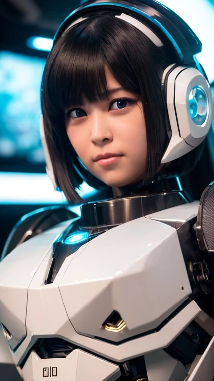 Wide-angle shot, 1 female, Mecha, Glowing black eyes, Very cute face, (Realistic:1.37), バイオMechaニカル, Spaceship interior bokeh background, Ultra-realistic, Very detailed, Very intricate details, Beautiful woman in focus、