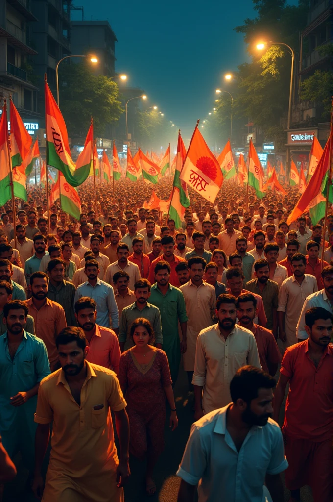 Indian bengali crowd are walking on road with banner in night