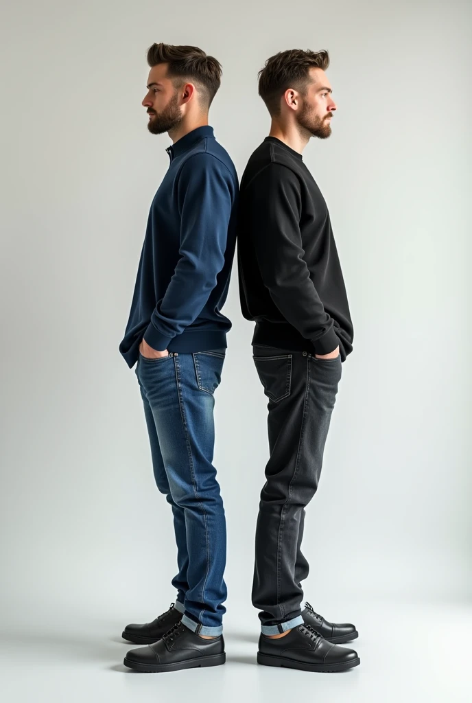 A men wears a blue and black jeans pants standing side by side. With light background