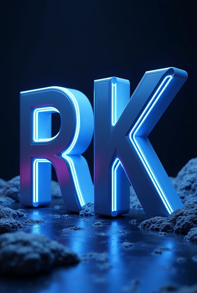 Both Letters 'R' and 'K' in capital, together but not combined to each other, in a cool font, 3d, glowing borders of letters in bluish purple neon colours, it should look really very cool and dark