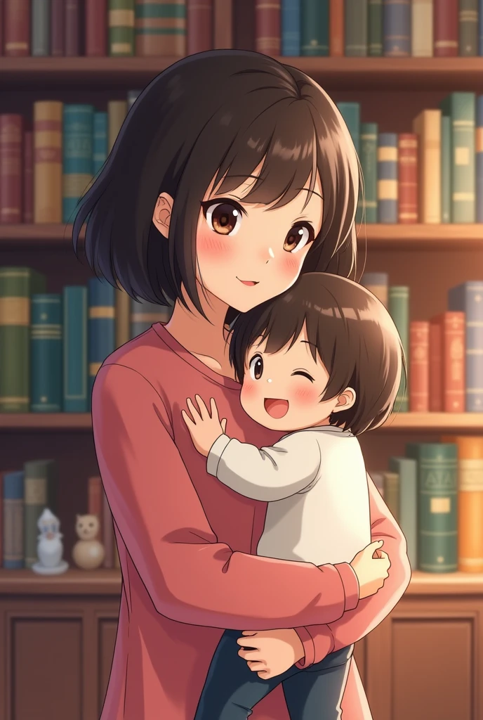 The background is a bookshelf. A woman holding a child. The child is one and a half years old. The woman is looking forward. The woman is a Korean-style idol with a bob hairstyle. The woman is smiling. Anime-style.