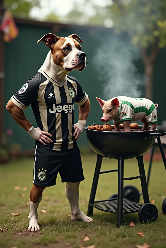 Pitbull dog with a black and white Botafogo team shirt, with his paws on his waist and in front of him a barbecue with a pig sitting on top, with the Palmeiras team shirt, white and green, crying