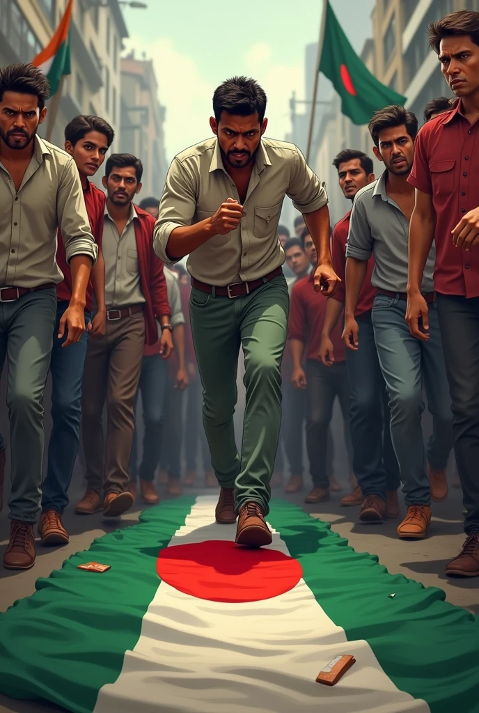 Bangladeshi people making foot step on indian flage for dishonor