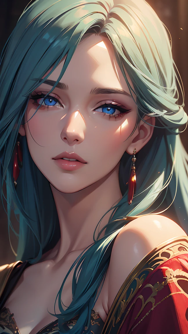 a woman with greenish blue long hair, light pinkish red eyes, red lips, elegant clothes, no skin exposed, looking over the shoulder, close up, (best quality,4k,8k,highres,masterpiece:1.2),ultra-detailed,(realistic,photorealistic,photo-realistic:1.37),detailed facial features, extremely detailed eyes and face, beautiful detailed eyes, beautiful detailed lips, longeyelashes, cinematic lighting, warm color tones, vibrant colors, intricate details, digital painting, concept art