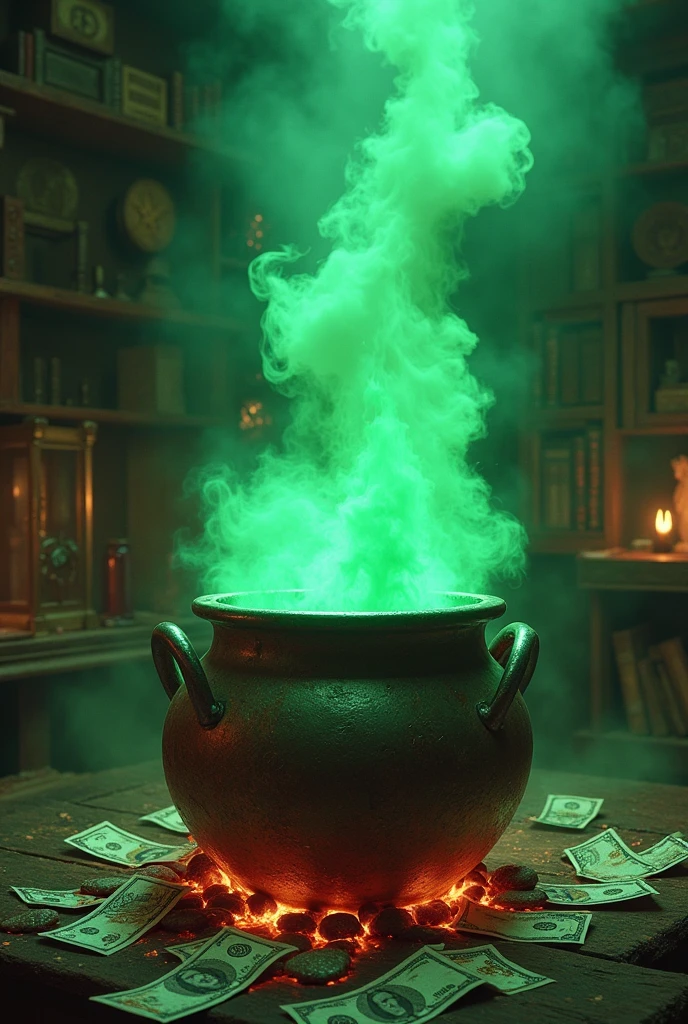 Imagine an aged metal cauldron, placed on a crackling fire in a sorcerer&#39;s apprentice laboratory. The cauldron is overflowing with blood-stained bills, which cascade around him. Thick green smoke rises from the cauldron forming the letters: The recipe for a million. The whole thing is bathed in a subdued and mysterious light., adding a touch of adventure and darkness to the scene.