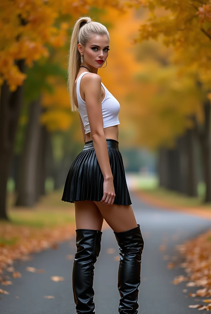 comlete body photo of a 30 years old blond with ponytail hair. She is standing on a path in a parkway of trees in autumn. She is wearing a sleeveless short white top, a black leather pleated skater skirt and slouchy black leather overknee boots. She is looking seductive, erotic, sinful and lustful into the camera. She is smiling mischievous.