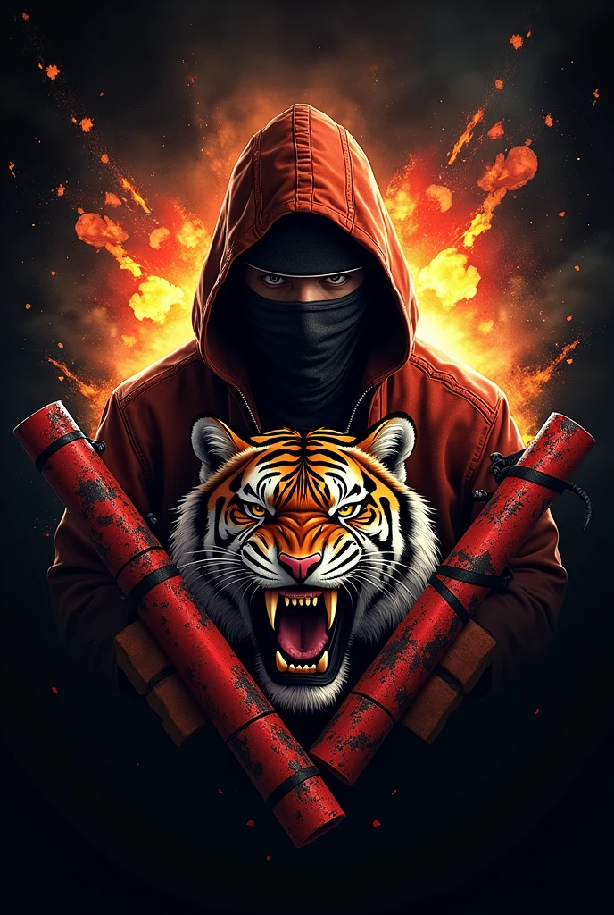 I want a logo related to dynamite and with text and I want it to look like dynamite and explosions also and a men with dangerous looking mask with a dangerous tiger