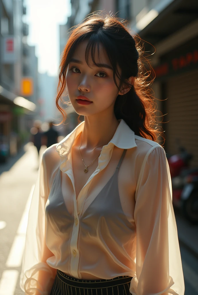 (Highest quality, masterpiece, High resolution:1.1),Use natural light and colour, Hyper-detailed clothes, High-definition realistic images, Cinematic Light, 1 female , Japanese, (body silhouette:1.4),(Transparent shirt:1.1), Against light, Street Snap、