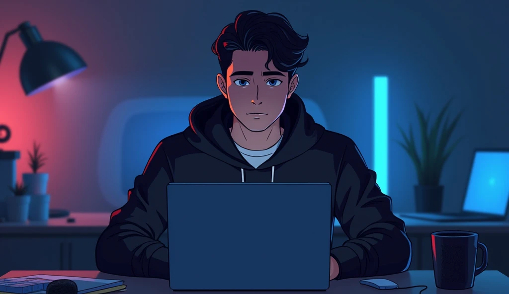 Create an anime-friendly looking
male business character who appears
handsome and smart. He has a good face
and is wearing a black
hoodie with a channel name "MKP" on it. The character is sitting behind his
laptop in his office, with his arms on the desk.
It is night, and the room features volumetric
neon lighting. The character is front-facing to
the camera, looking straight and centered. This
is a central portrait with an audio microphone
on the desk near his mouth. The character's
face should occupy about 1/3 of the image size.
He is sitting straight, front view, and centered,
looking straight ahead. The overall ambiance
of the image should convey a connection to
minimalism, with flat illustration, bold lines,
simplification, and a gouache illustration style.
The image should be in 8K resolution.