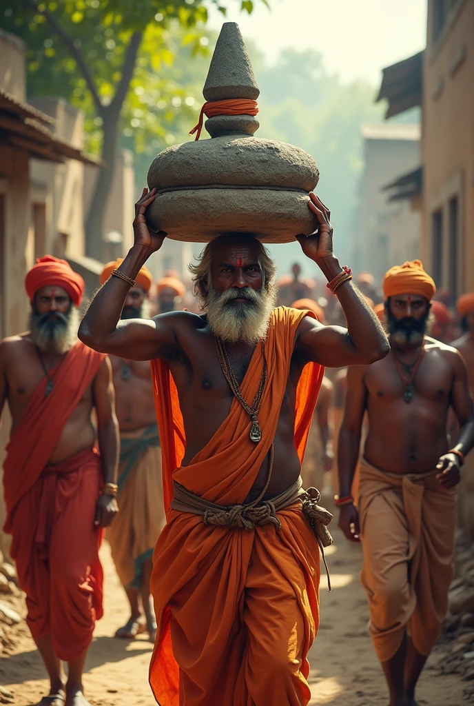 A local indian village person in a group carrying Shivalinga on his shoulder