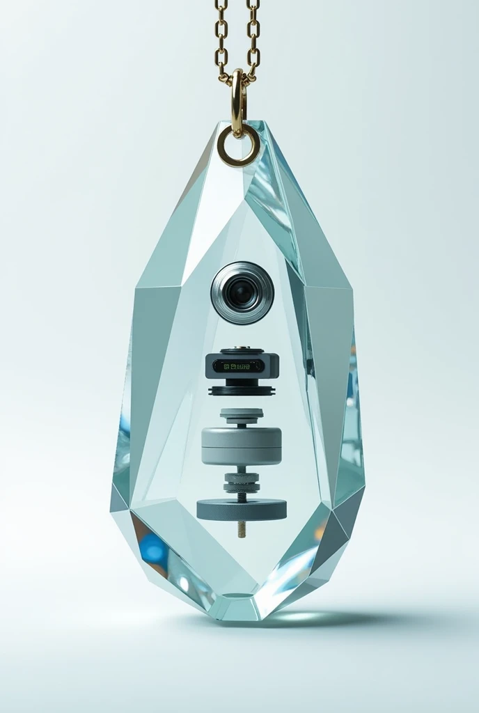 Make a 3D model of a crystal pendent in which there is a camera, behind it a bettry, behind the batery a gps and after that a manual wireless charging point and the camera is hidden in the crystal and show all the components digram
